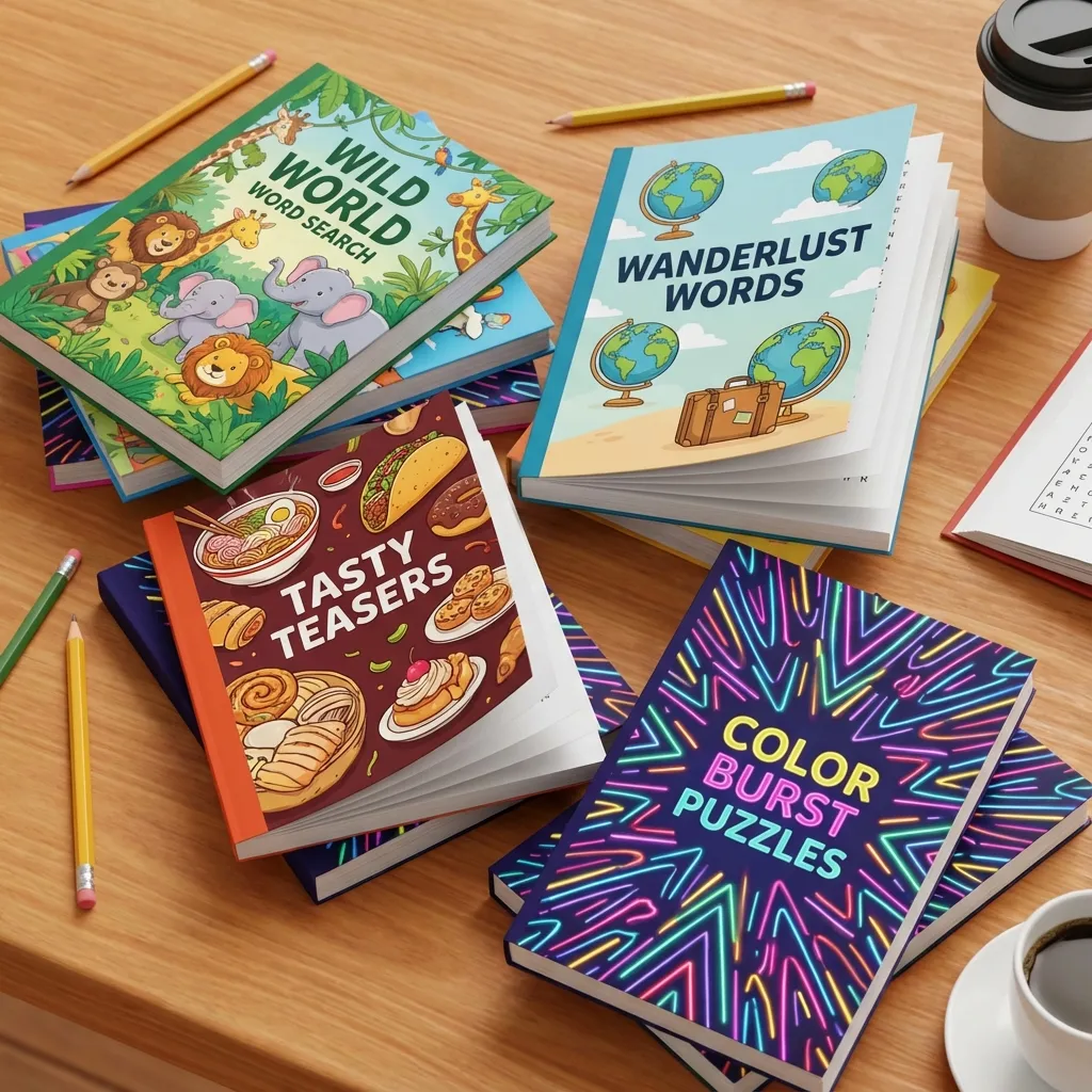 Editorial flat lay of objects representing different word search book themes including gardening, sports, holidays, and hobbies
