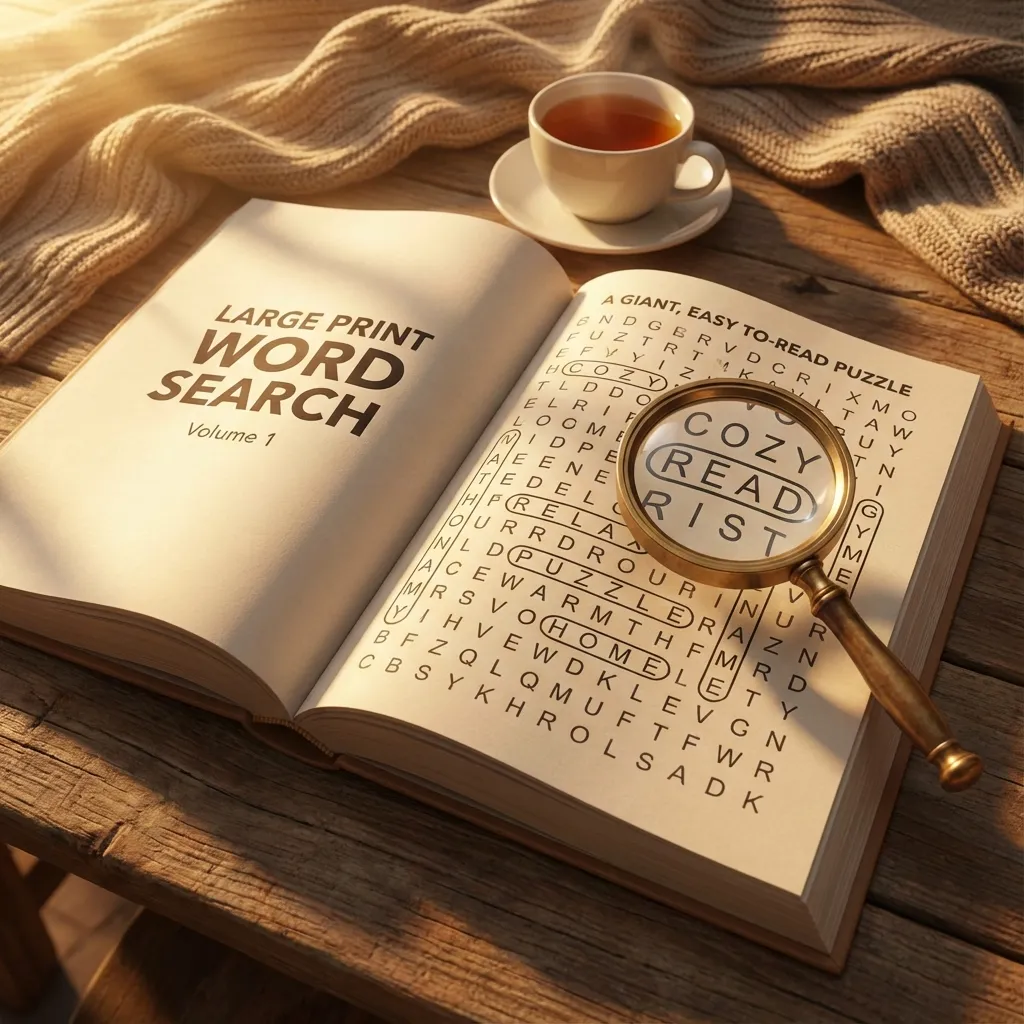 Senior reader solving a large print word search puzzle with reading glasses and a warm cup of tea