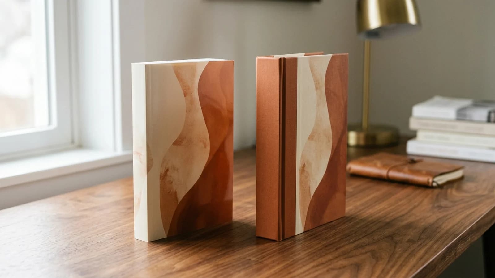 Editorial side-by-side product photo of a paperback and a thicker hardcover book standing upright on a warm wooden desk